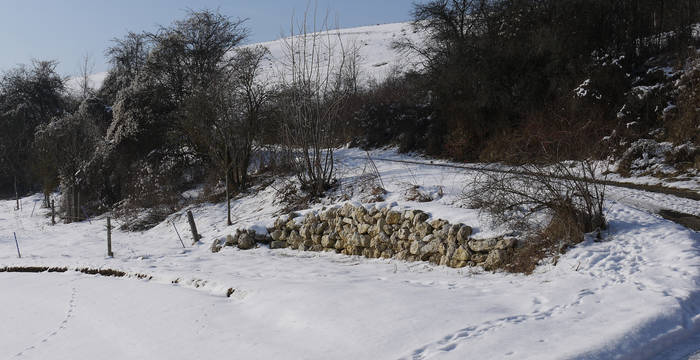 Steinmauer im Winter